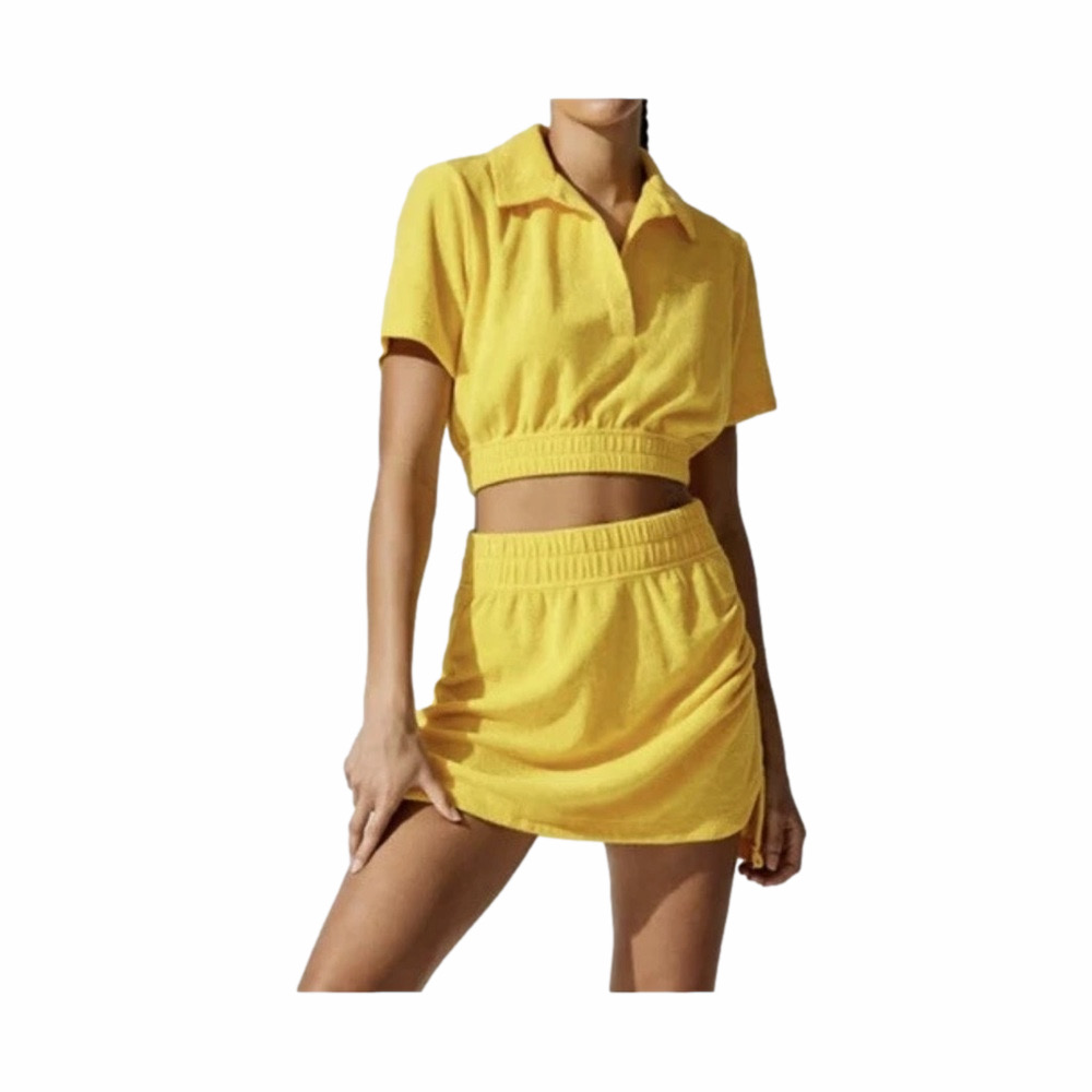 Carbon38 Micro Terry Cropped Top Yellow Short Sleeve Elastic Waist Large